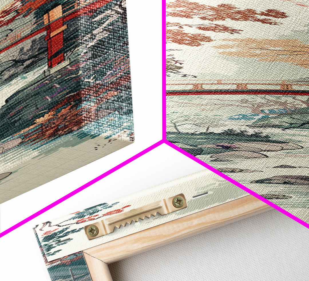 Traditional Japanese Skinny Art of Autumn Bridge in Serene Landscape with Fall Foliage – Framed Canvas Print