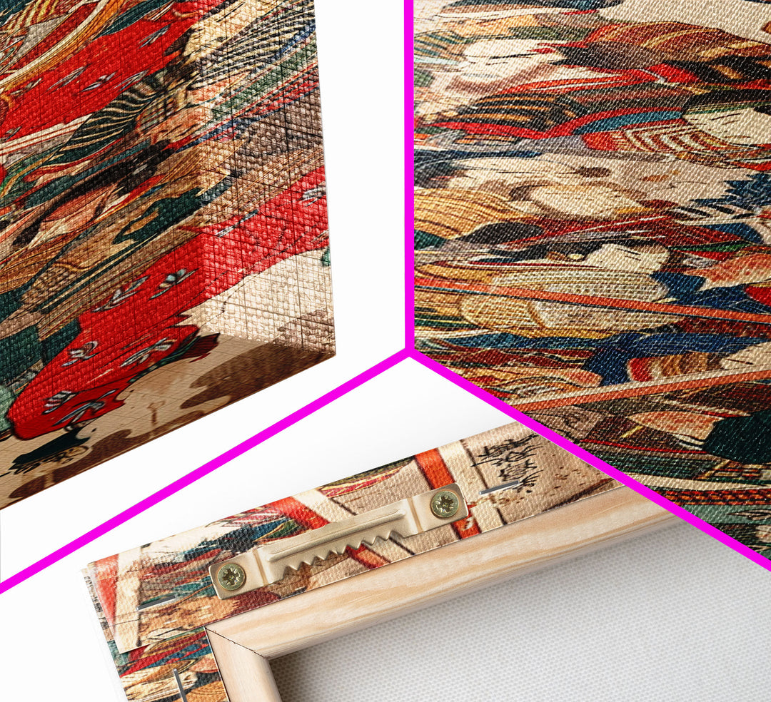 Samurai Warriors in Battle – Traditional Japanese Skinny Art with Historic Details – Framed Canvas Print