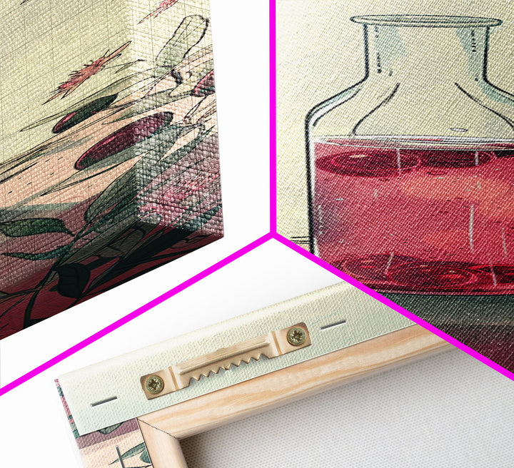 Skinny Art of Still Life with Elegant Glass Bottle and Floral Accents – Japanese-Inspired Framed Canvas Print