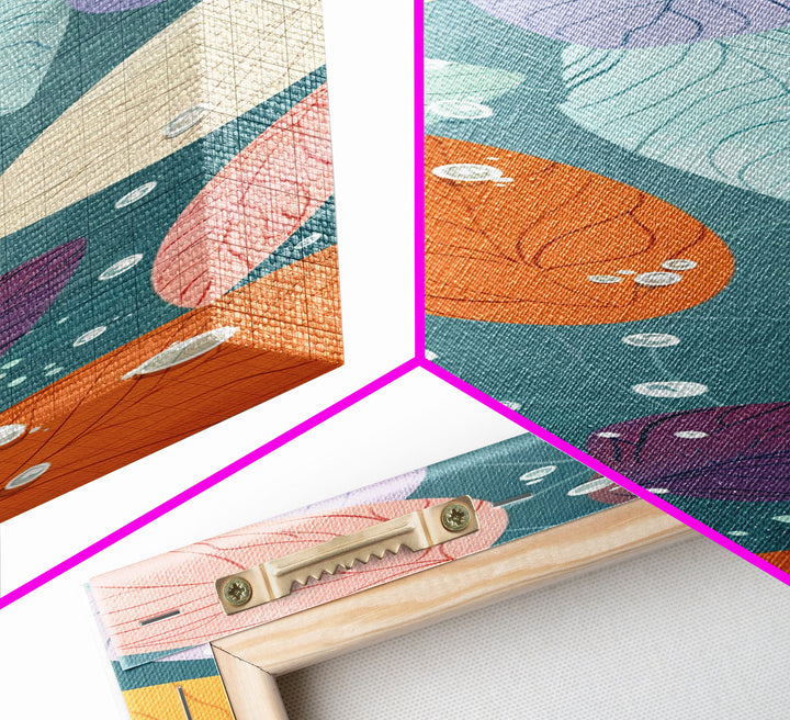 Floating Leaves in Soft Pastel Colors, Skinny Tall Art with Japanese Influence, Framed Canvas Print in Ukiyo-e Style