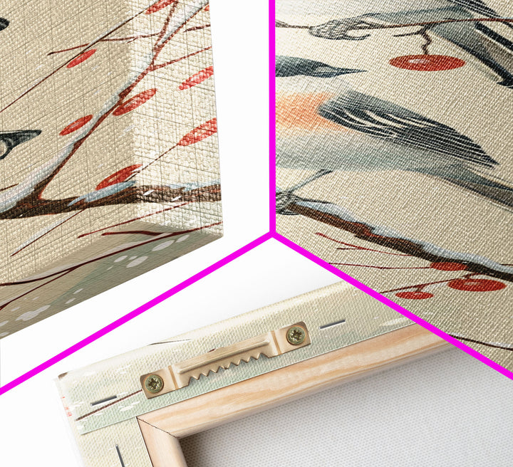 Pair of Birds on Snowy Branches, Japanese Art Framed Canvas Print, Tall and Skinny Wall Art in Ukiyo-e Style