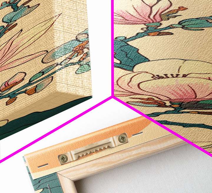 Delicate Magnolia Blossoms in Ukiyo-e Style, Tall Skinny Framed Canvas Print, Japanese Art for Vertical Spaces