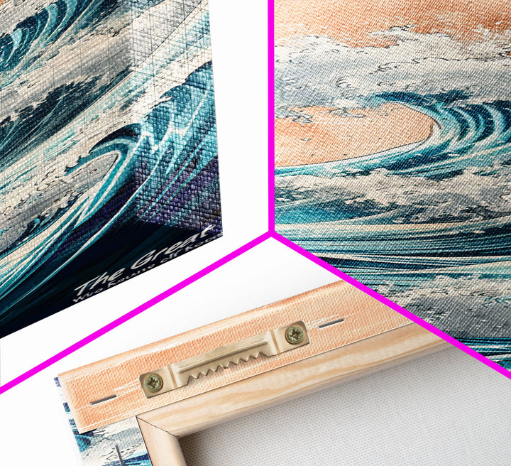 Majestic Wave, Peach Sky, Japanese Art, Skinny Art, Tall Art, Framed Canvas Print, Ukiyo-e Style