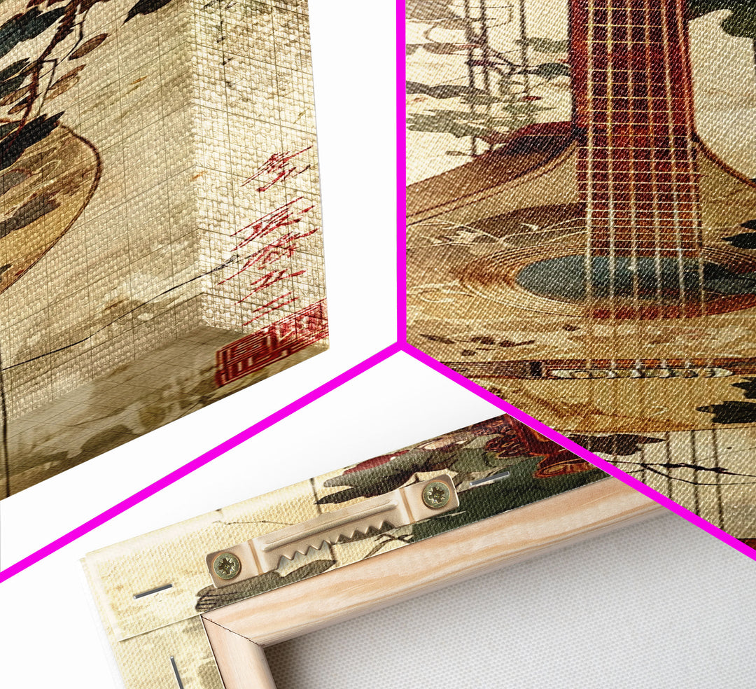 Vintage Mandolin, Autumn Foliage, Japanese Art, Skinny Art, Tall Art, Framed Canvas Print, Ukiyo-e Style