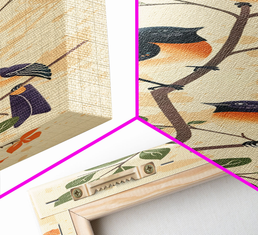 Three Birds Perched On A Branch Japanese Style Framed Canvas Print, Traditional Illustration Art Ready To Hang For Home Decor