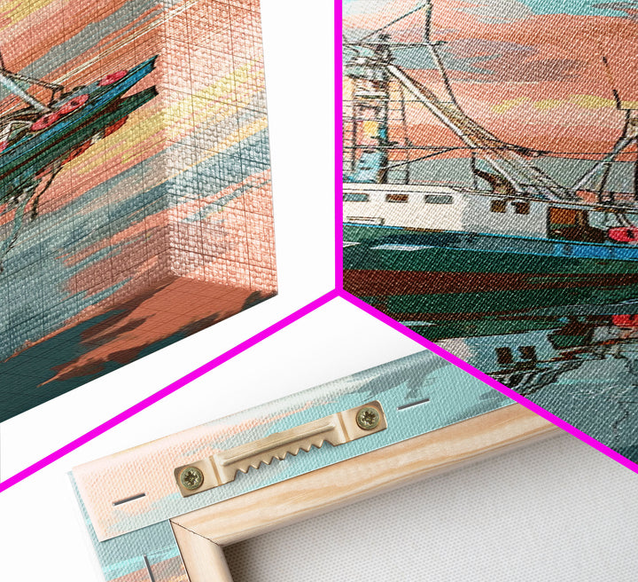 Fishing Boat, Calm Waters, Japanese Art, Skinny Art, Tall Art, Framed Canvas Print, Ukiyo-e Style