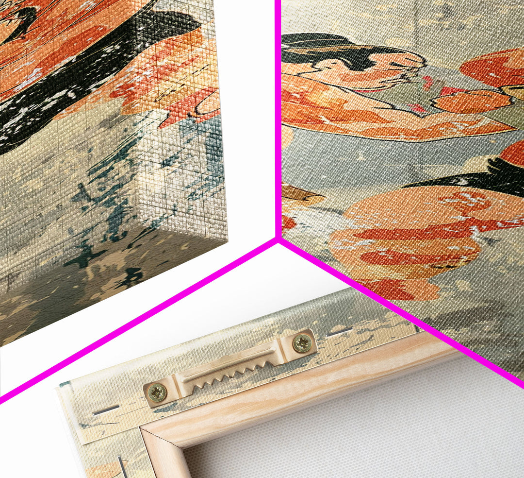 Sumo Wrestlers in Action Skinny Ukiyo-e Art Tall Framed Canvas Print with Japanese Cultural Heritage