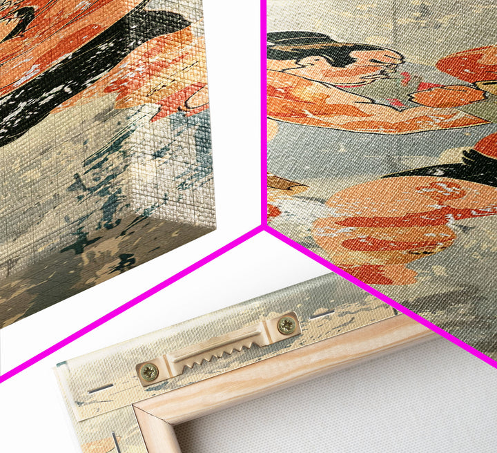 Sumo Wrestlers in Action Skinny Ukiyo-e Art Tall Framed Canvas Print with Japanese Cultural Heritage