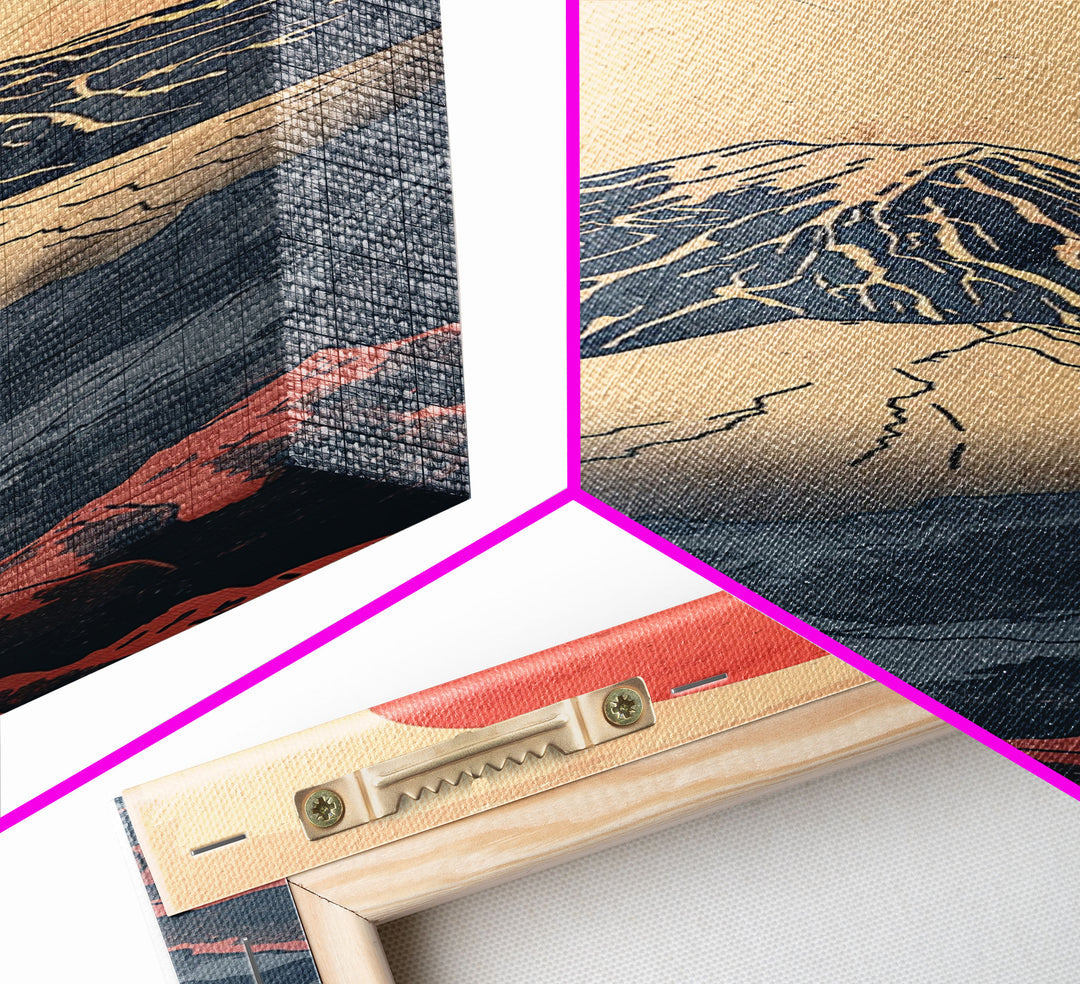 Mount Fuji Under a Red Sun Skinny Art Ukiyo-e Tall Framed Canvas Print Inspired by Japanese Landscape