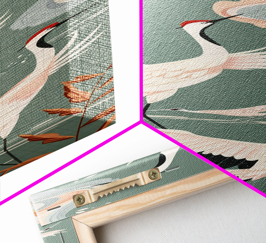 Cranes In Flight Framed Canvas Print, Traditional Japanese Art With Soft Colors And Detailed Wings, Wall Art Ready To Hang