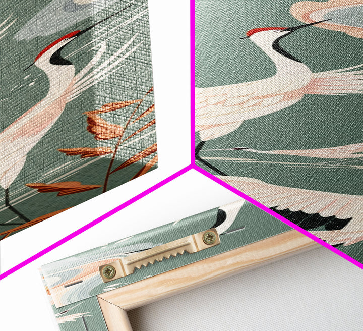 Cranes In Flight Framed Canvas Print, Traditional Japanese Art With Soft Colors And Detailed Wings, Wall Art Ready To Hang