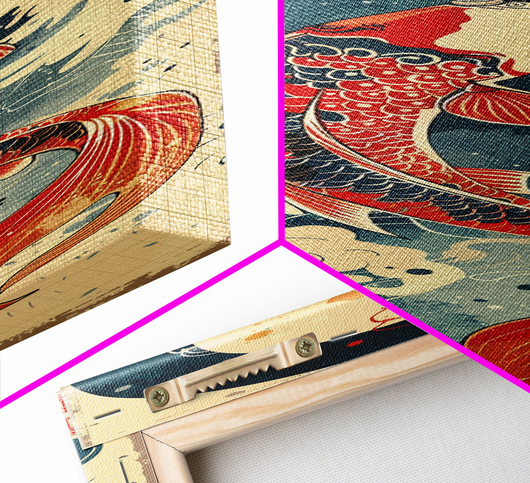 Vibrant Koi Fish Swimming Toward the Moon Skinny Art Ukiyo-e Tall Framed Canvas Print with Japanese Mythology Elements