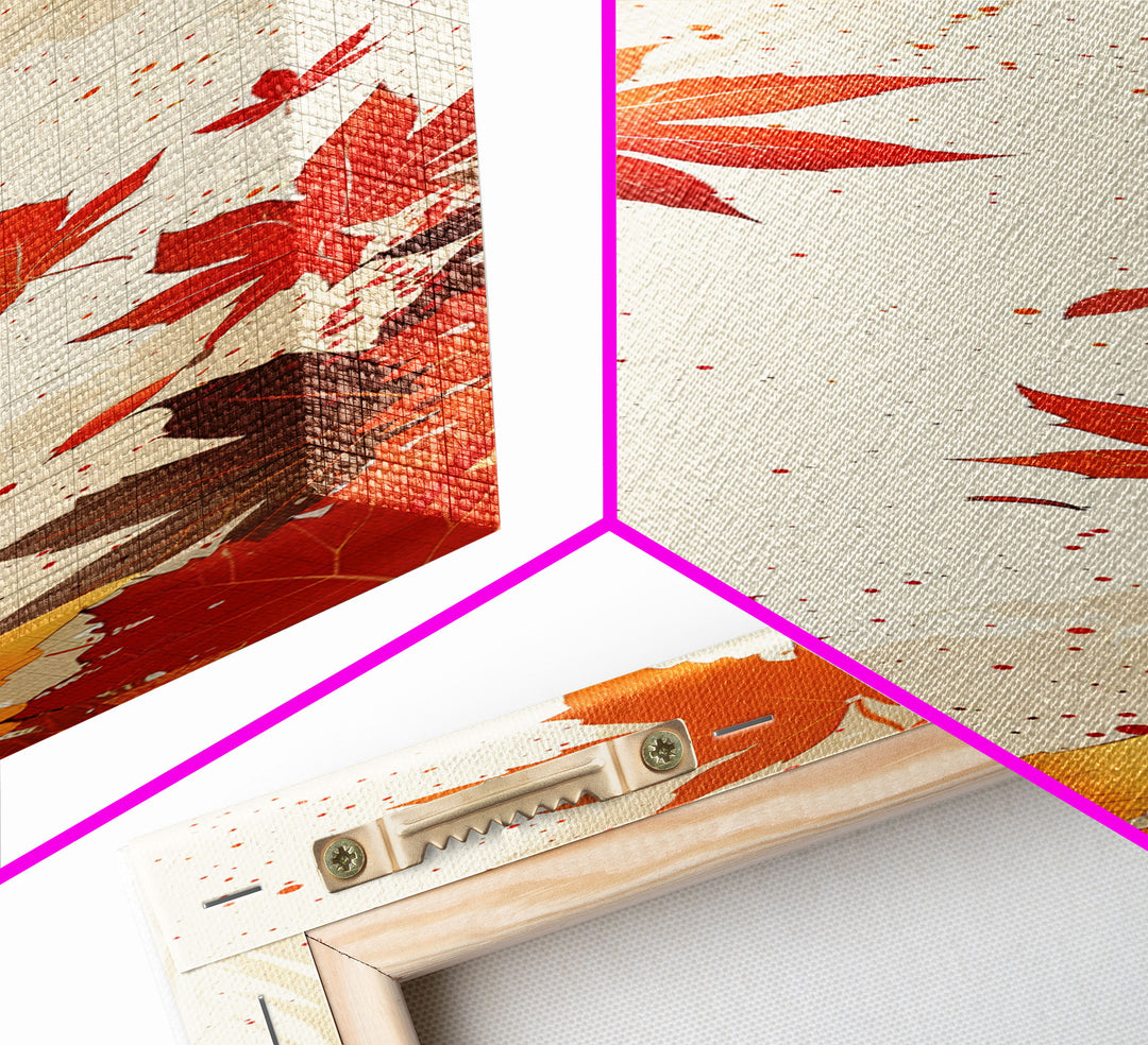 Skinny Art Autumn Leaves In Japanese Style Wood Block Print Warm Red And Orange Tones On Framed Canvas Print, Tall Art Ukiyo-e