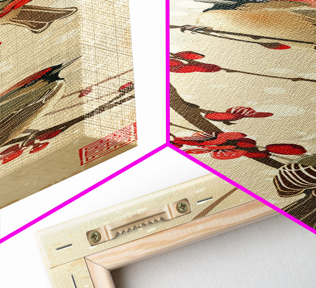 Skinny Art Sparrows And Cherry Blossoms In Japanese Style Wood Block Print Gentle Color Palette On Framed Canvas Print, Tall Art Ukiyo-e