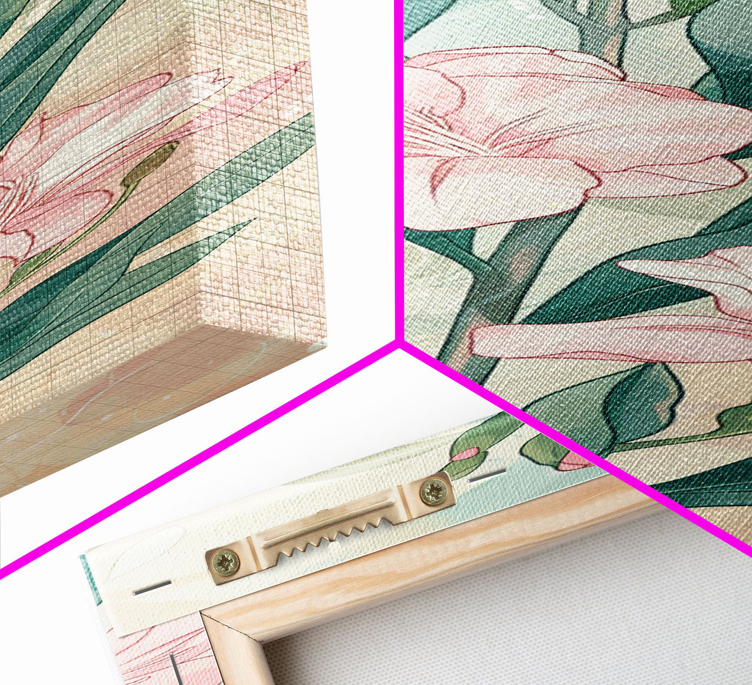 Skinny Art Pink Oleander Flowers In Japanese Style Wood Block Print Elegant Pastel Hues On Framed Canvas Print, Tall Art Ukiyo-e
