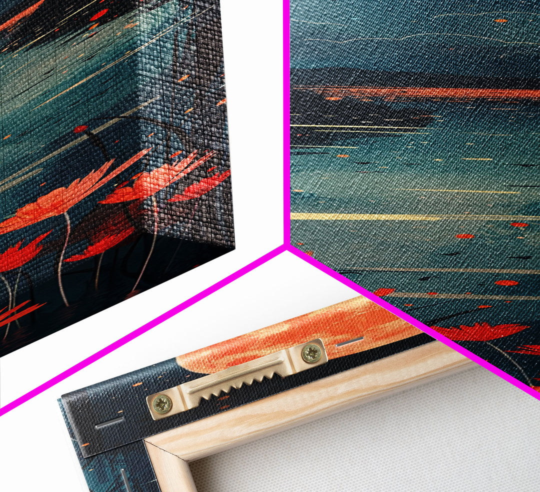 Skinny Art Full Moon Over Lake In Japanese Style Wood Block Print Vibrant Night Scene On Framed Canvas Print, Tall Art Ukiyo-e