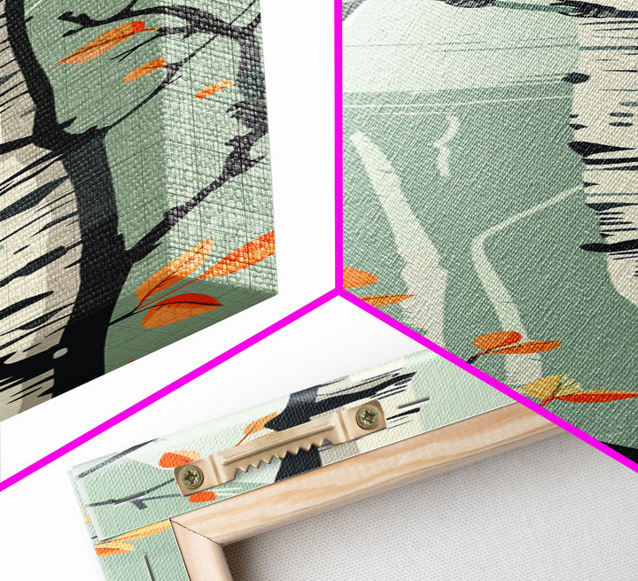 Skinny Art Bird On Birch Tree In Japanese Style Wood Block Print Autumn Tones On Framed Canvas Print, Tall Art Ukiyo-e