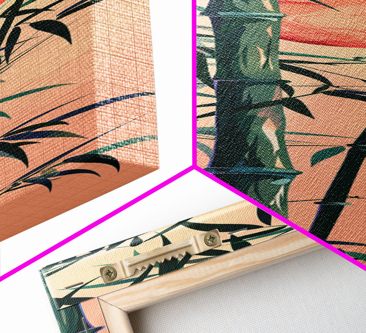 Framed Canvas Print Of Bamboo Stalks And Red Sun, Traditional Japanese Style Wall Art Ready To Hang For Asian Inspired Decor