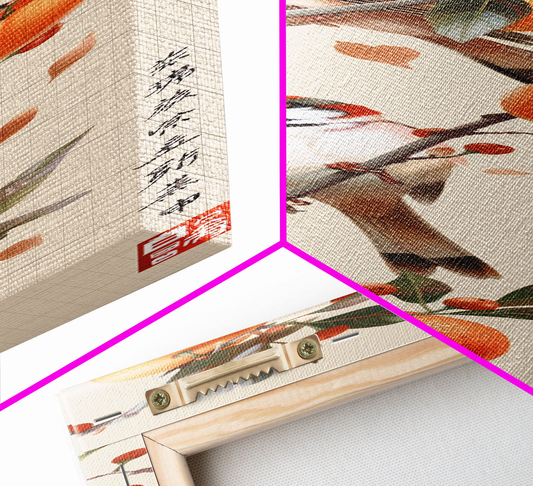 Skinny Art Tall Art Framed Canvas Print Wood Block Print Of Elegant Bird Perched On Branch Amidst Orange Fruits Ukiyo-e Japanese Style Art