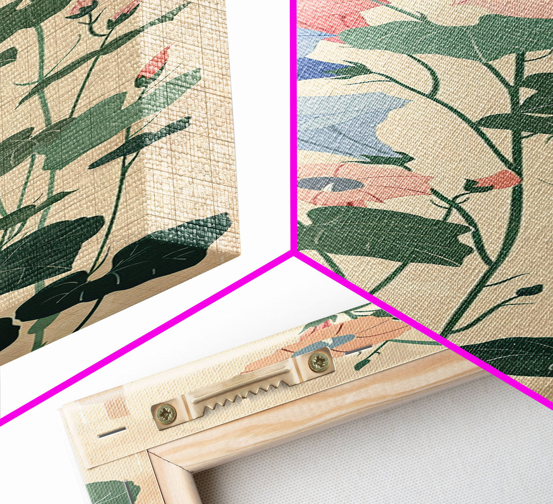 Skinny Art Tall Art Framed Canvas Print Stylized Morning Glory Blossoms In Subtle Pastel Hues Ukiyo-e Japanese Style Art Wood Block Print