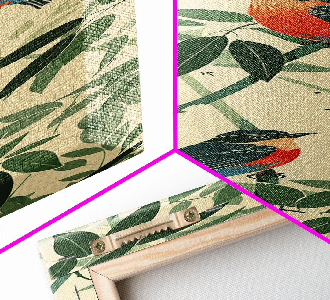 Skinny Art Tall Art Framed Canvas Print Birds Amongst Dense Greenery And Red Flowers Ukiyo-e Japanese Style Art Wood Block Print