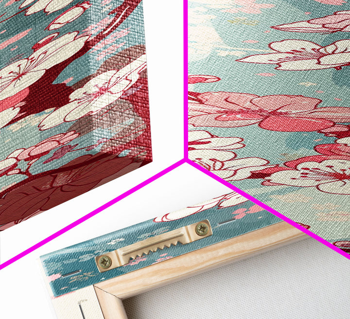 Delicate Pink Flowers On Branch Gentle Tones Skinny Art Tall Art Framed Canvas Print Japanese Style Art Ukiyo-e Art Wood Block Print Floral