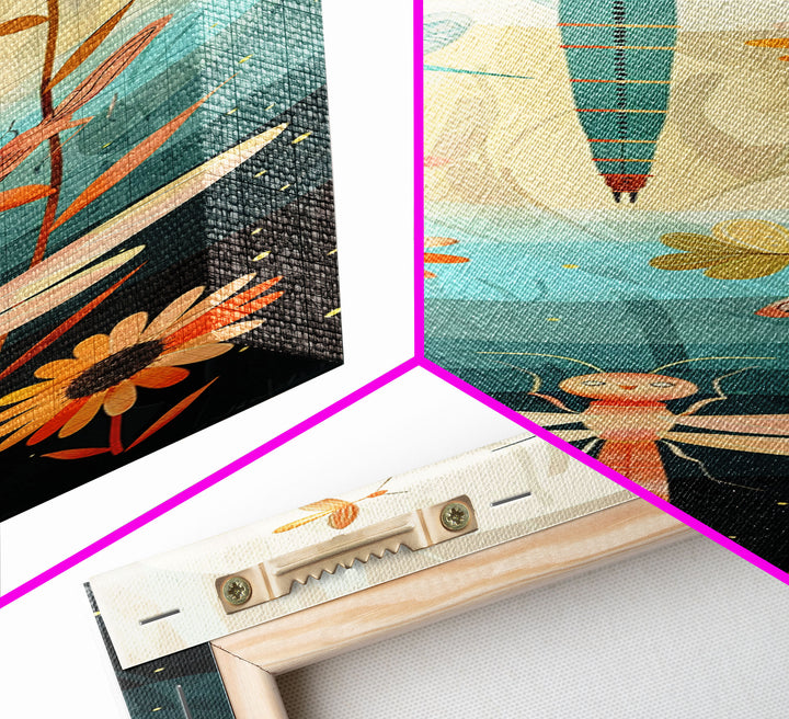 Dragonfly Gathering Night Glow Vibrant Colors Skinny Art Tall Art Framed Canvas Print Japanese Style Art Ukiyo-e Art Wood Block Print Insect Art