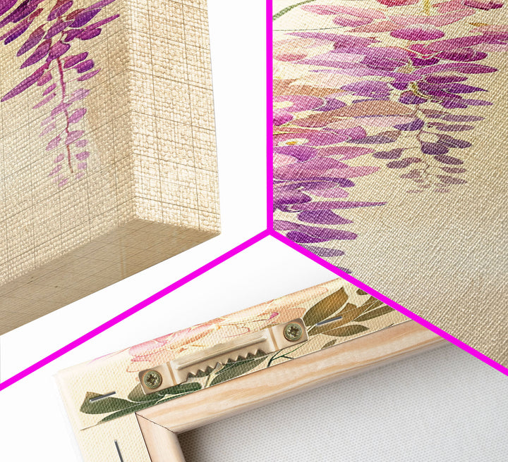 Hanging Wisteria Flowers In Purple Tones Japanese Style Framed Canvas Print, Wall Art Ready To Hang For Living Spaces