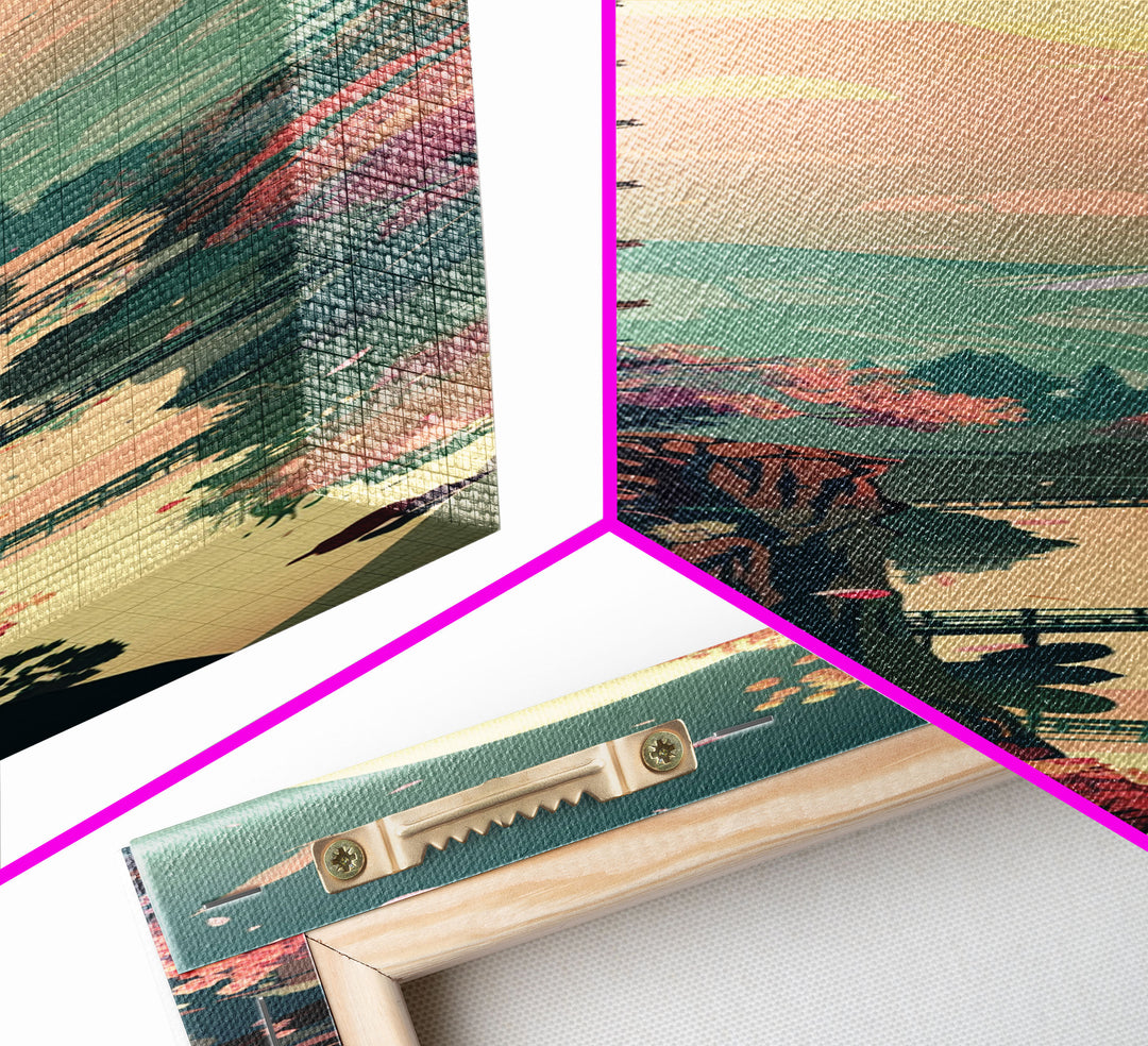 Japanese Pagoda Among Sakura Trees Under Yellow Moon Tall Art Skinny Art Framed Canvas Print Japanese Style Art Ukiyo-e Wood Block Print