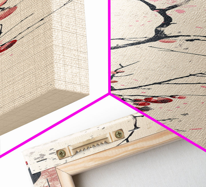 Minimalist Japanese Tree Branch With Red Berries, Ukiyo-e Woodblock Style Canvas, Framed Canvas Print, Japanese Tall Skinny Wall Art, Ready To Hang