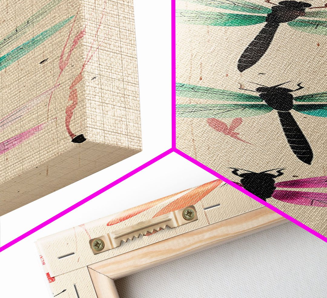 Dragonflies In Flight With Delicate Details Japanese Style Framed Canvas Print, Wall Art Ready To Hang For Nature Lovers