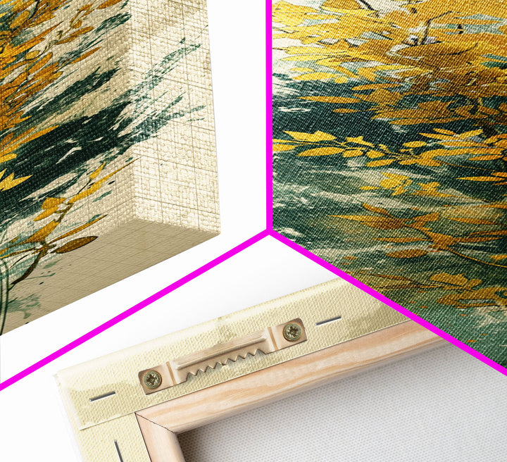Golden Foliage Set Against Green Textured Background Skinny Art Tall Art Framed Canvas Print Japanese Style Art Ukiyo-e Art Wood Block Print Natural Elegant