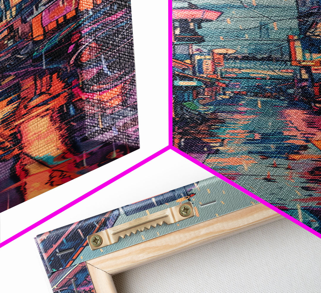 Vibrant Cityscape With Colorful Street Signs Skinny Art Tall Art Framed Canvas Print Japanese Style Art Ukiyo-e Art Wood Block Print Urban Energetic