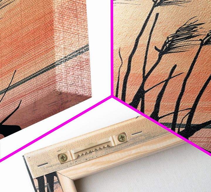 Reeds Silhouetted Against Soft Orange Sunset Skinny Art Tall Art Framed Canvas Print Japanese Style Art Ukiyo-e Art Wood Block Print Tranquil Scenic