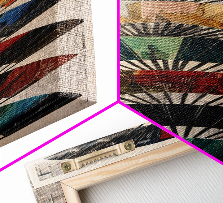 Seven Japanese Fans In Various Colors Arranged Vertically On A Textured Background, Skinny Art Tall Wall Art Framed Canvas Print Japanese Style Art