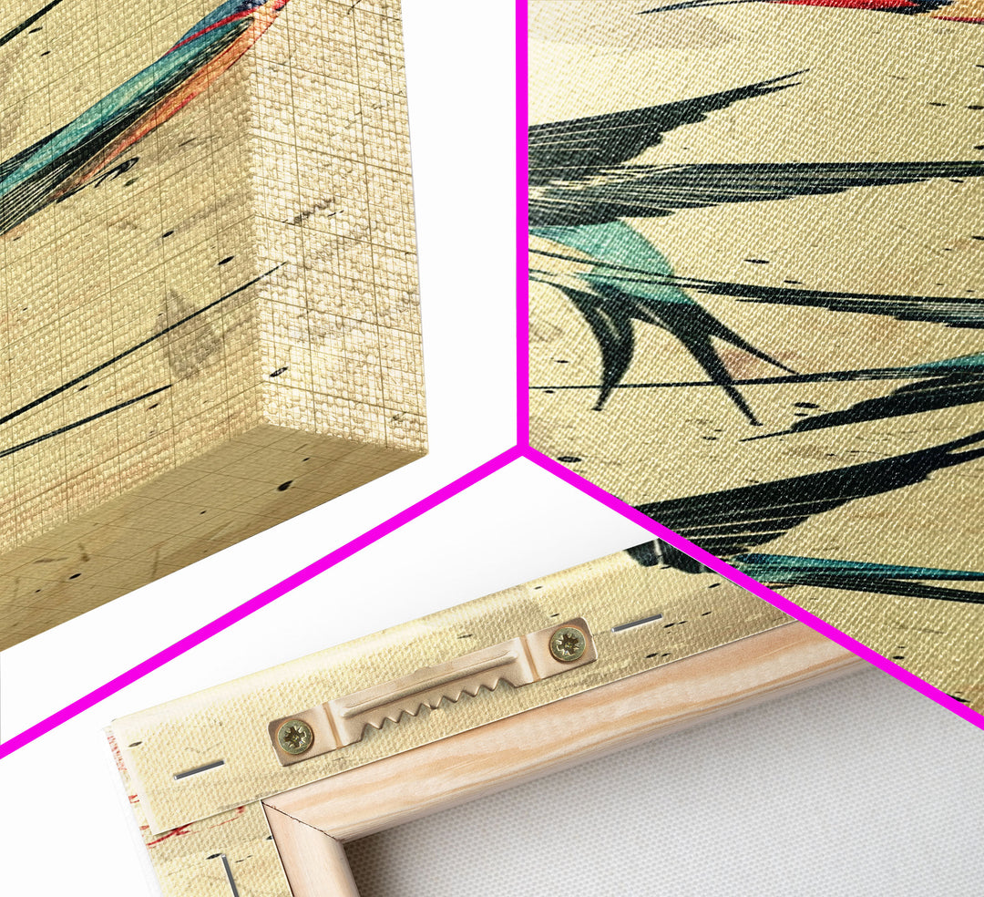 Trio Of Swallows In Flight Against A Vintage Beige Background, Skinny Art Tall Wall Art Framed Canvas Print Japanese Style Art