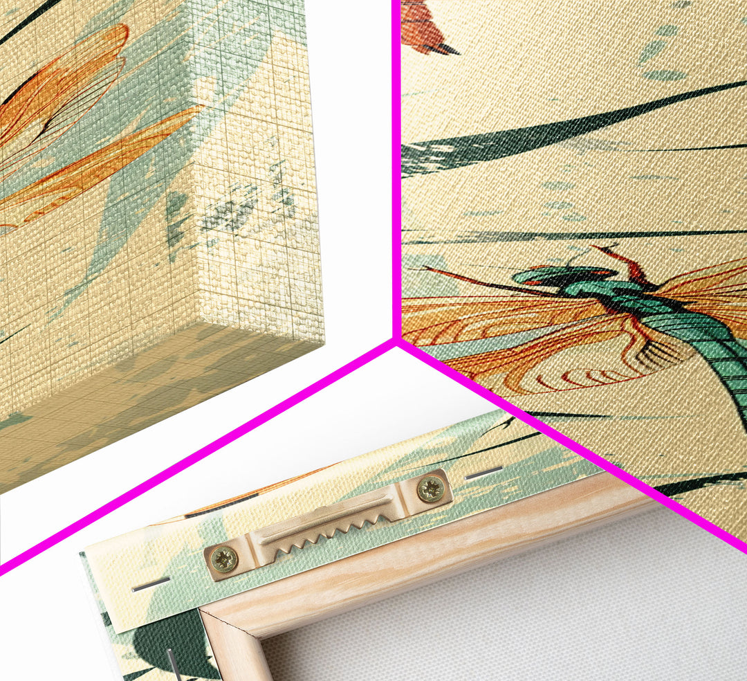 Two Dragonflies With Detailed Wings Hovering Near Bamboo, Skinny Art Tall Wall Art Framed Canvas Print Japanese Style Art