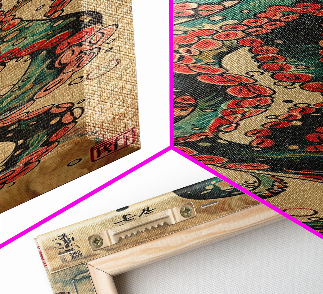 Vintage Canvas Print With Vibrant Octopus Design Ukiyo-e Wall Art Wood Block Print Tall Art Japanese Style Skinny Art