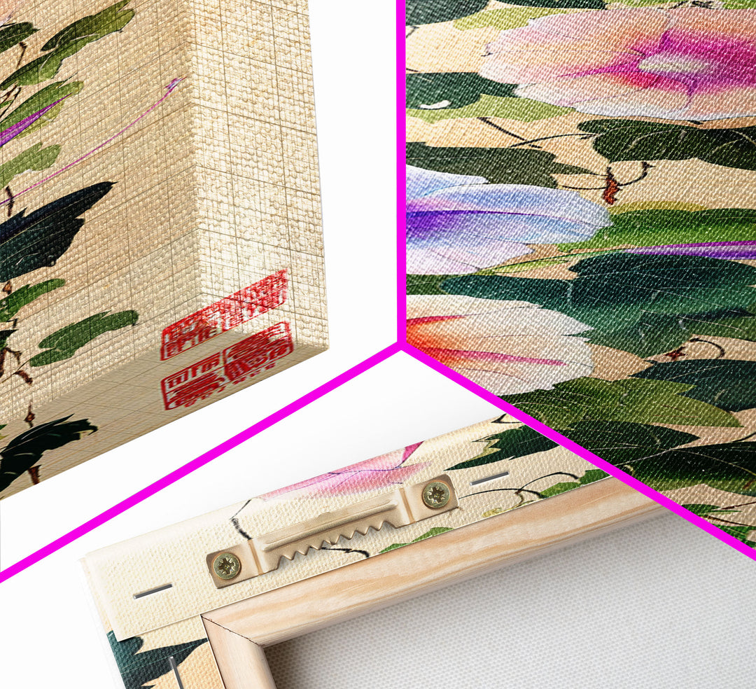 Morning Glories On Wooden Background Ukiyo-e Wall Art Framed Canvas Print Japanese Style Skinny Art Wood Block Print Tall Art