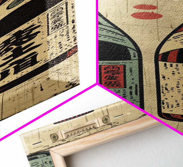 Canvas Print Japanese Sake Bottles Retro Design With Rustic Feel, Kitchen Or Dining Area Wall Art, Unique Vintage Style