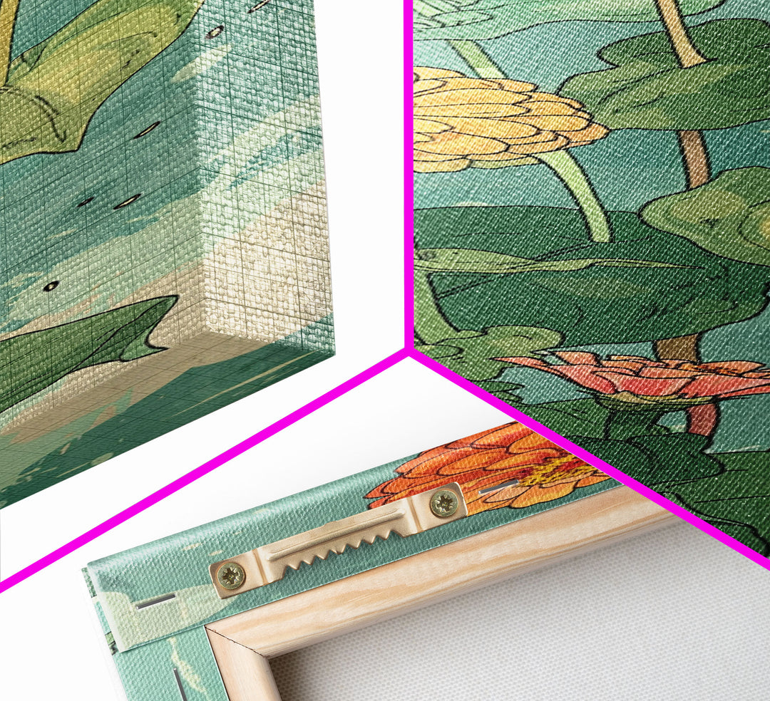 Vibrant Japanese Cranes with Red Sun Framed Canvas Print - Tall Skinny Ukiyo-e Art Wall Art Décor