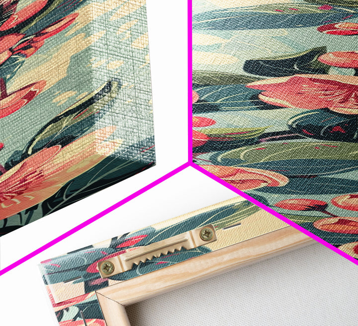 Japanese Style Frogs and Lotus Flowers Framed Canvas Print - Tall Skinny Ukiyo-e Wall Art