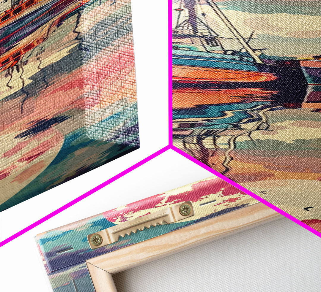 Canvas Print Colorful Fishing Boats Under Full Moon, Vibrant Coastal Scene For Nautical-Themed Home Decor, Wall Decoration