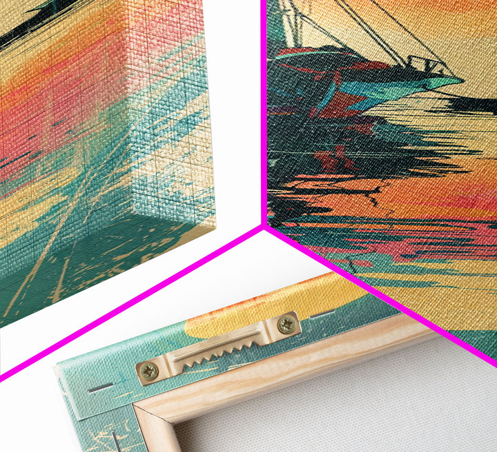 Fishing Boat Reflecting in Water with Vibrant Sunset, Japanese Art-Inspired Tall Framed Canvas Print for Wall Art