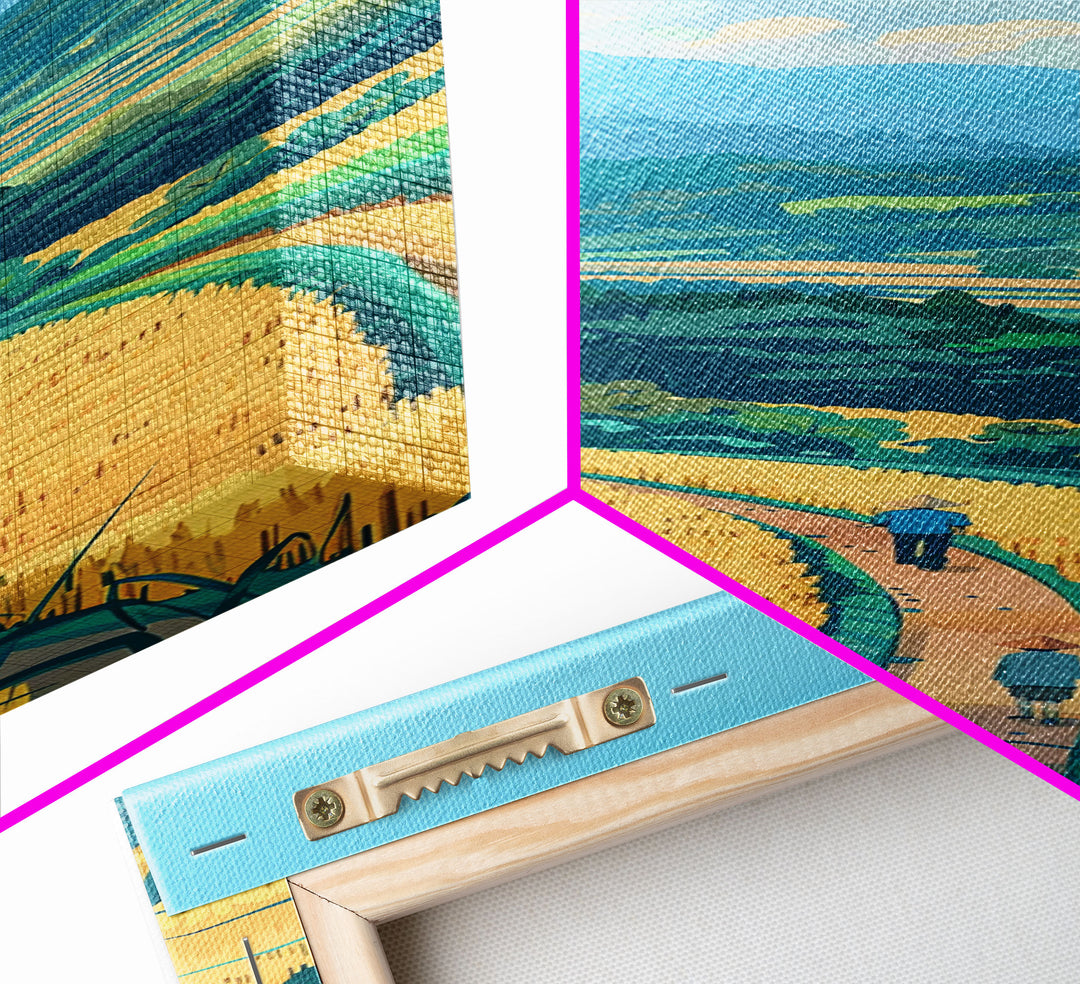 Scenic Countryside Pathway with Fields and Mountains, Skinny Framed Canvas Print for Wall Decor