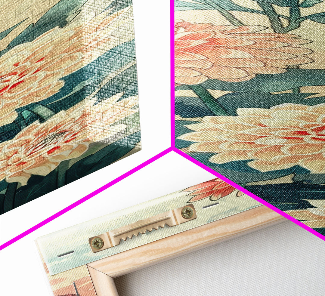 Chrysanthemums in Soft Pastel Tones on Tall Skinny Framed Canvas Print, Japanese Art Wall Decor