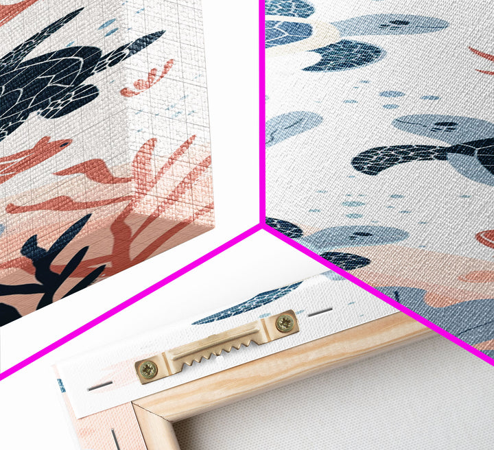 Swimming Sea Turtles with Coral, Tall Framed Canvas Print in Japanese Ukiyo-e Style Wall Art