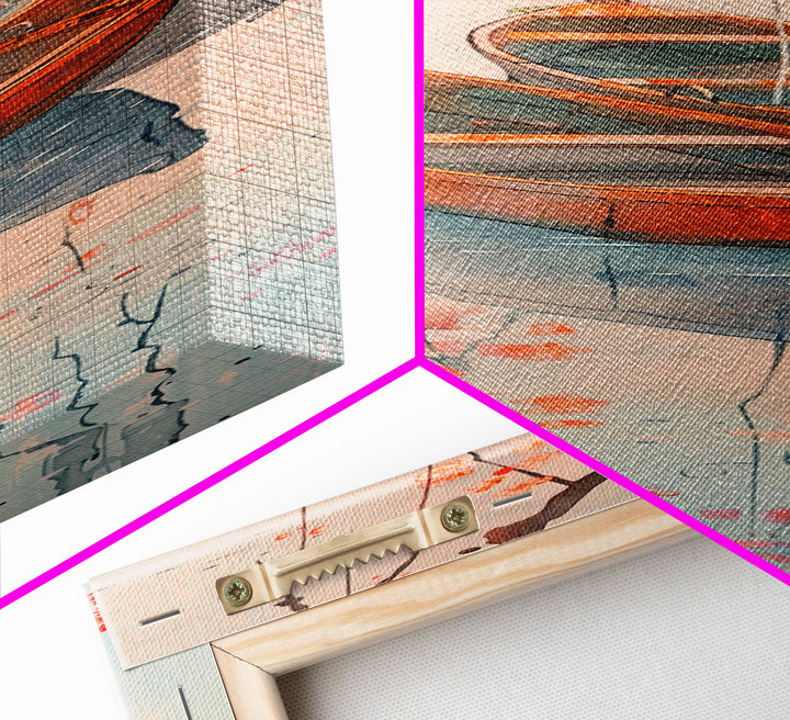 Two Wooden Boats Water Cherry Blossoms Reflected Japanese Style Tall Wall Art Skinny Framed Canvas Print