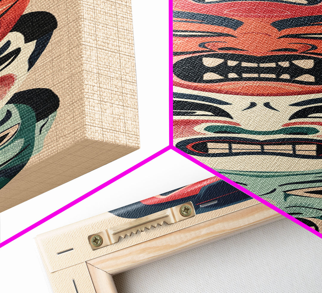 Bold Striking Japanese Kabuki Masks Vibrant Colors Depicted Traditional Style Tall Framed Canvas Print Cultural Home Decor