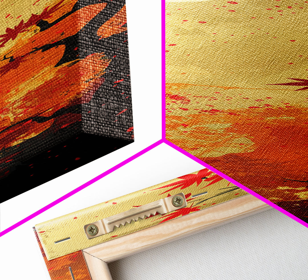 Dramatic Red Autumn Leaves Against Golden Sky Depicted Japanese Style Tall Framed Canvas Print Seasonal Wall Art
